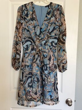 Boston Proper Blue and Tan Paisley Long-Sleeve Wrap Dress NWOT NEW SIZE 8